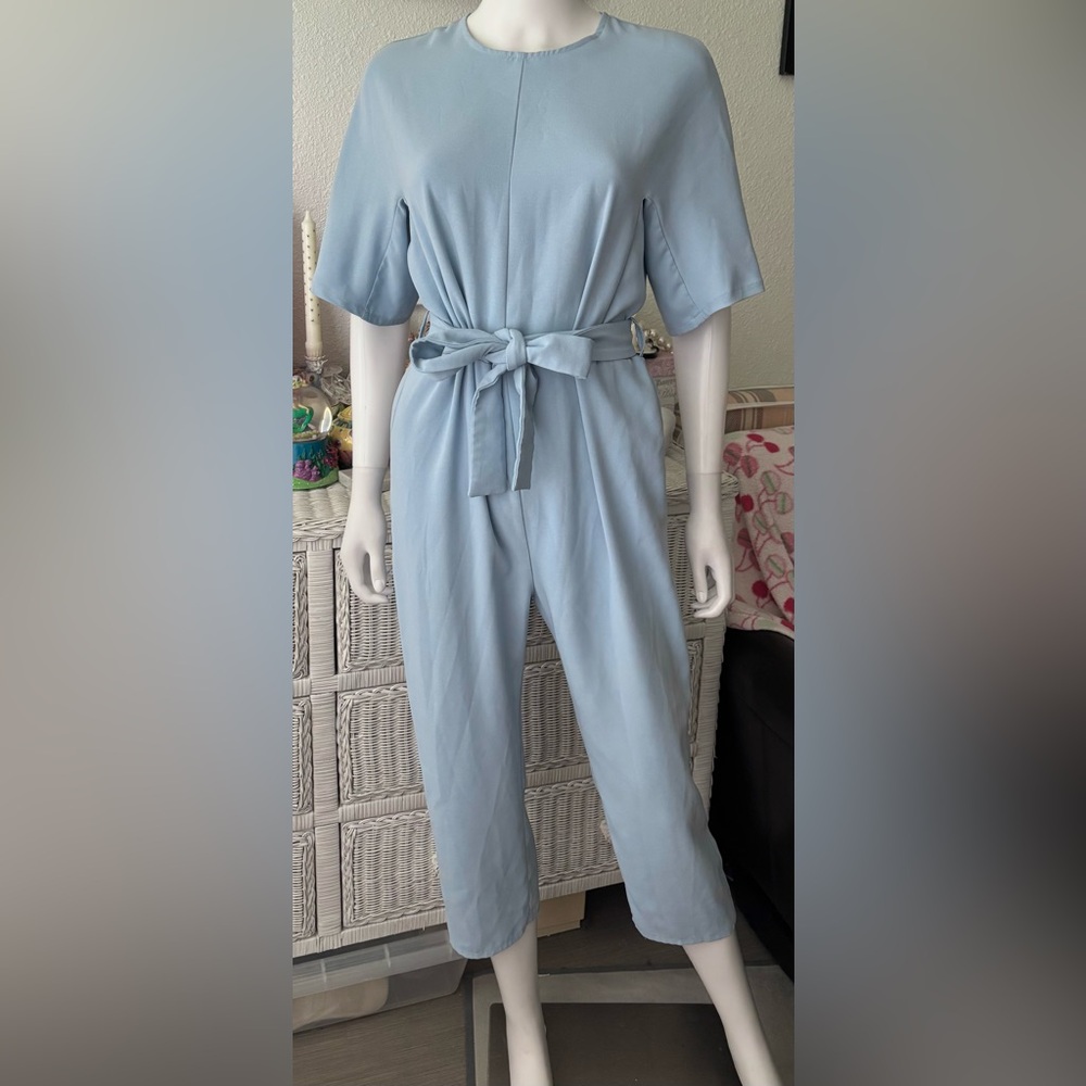 Topshop Sky Blue Jumpsuit Straight Leg High Neck Short Sleeves Waist Belt Size 2